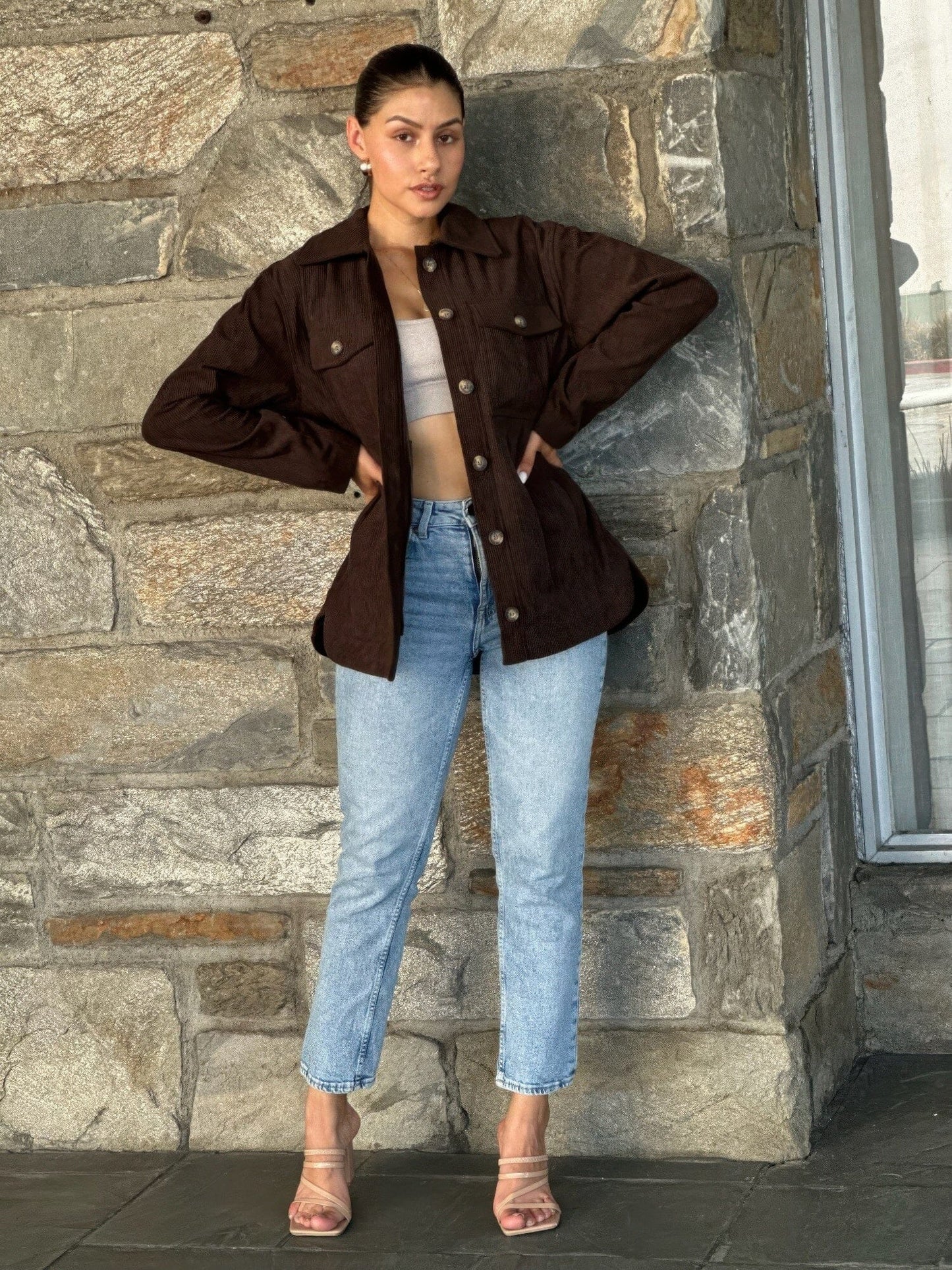 Women Oversized Corduroy Shacket Button Down Outerwear jehouze Brown S 