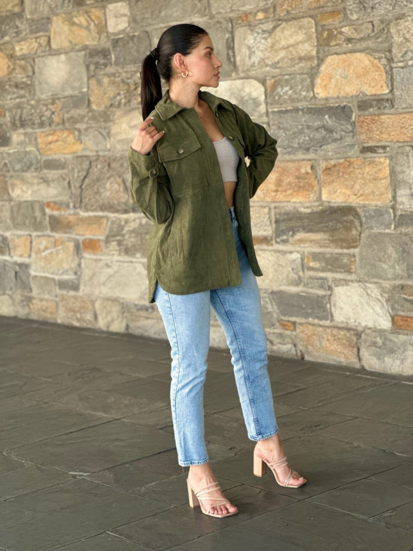 Women Oversized Corduroy Shacket Button Down Outerwear jehouze Olive S 