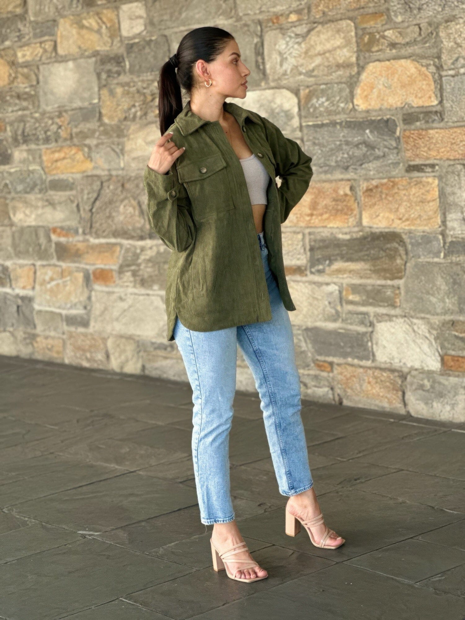 Women Oversized Corduroy Shacket Button Down Outerwear jehouze Olive S 