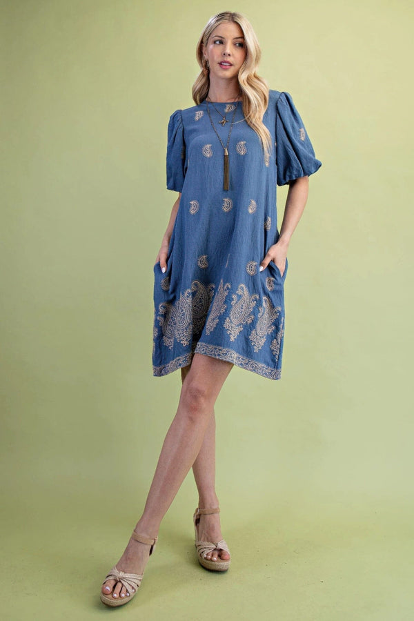 Women Paisley Embroidered Round Neck Mini Dress With Short Puff Sleeves_ L
