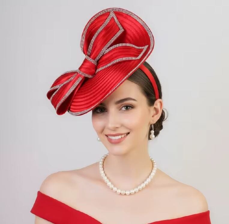 Women Party Wedding Rhinestones Bowknot Fascinator Hat Hat jehouze Red 