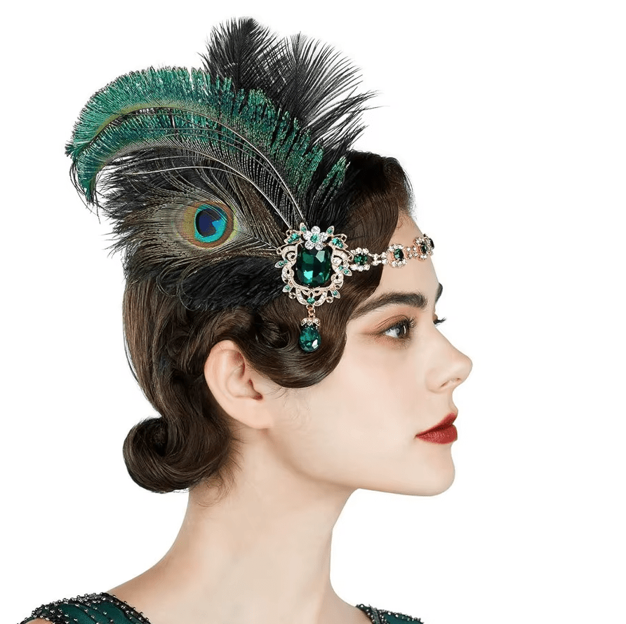 Women Peacock Feather 1920s Flapper Headpiece Vintage Party Rhinestone Hair Accessories_ Fascinators jehouze Green1 