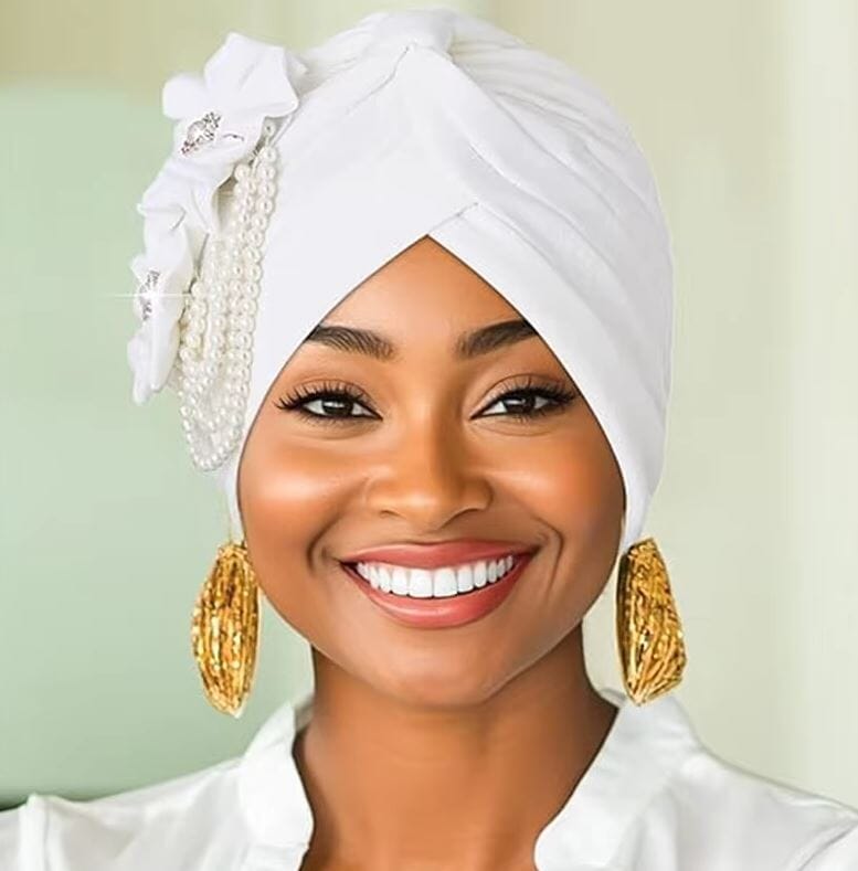 Women Pearls Beading Flower Head Wrap Turban Head wear Hat jehouze 