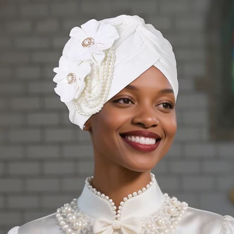Women Pearls Beading Flower Head Wrap Turban Head wear Hat jehouze 