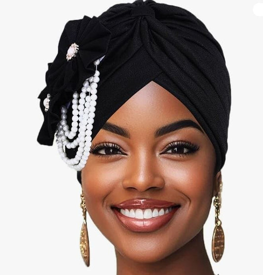 Women Pearls Beading Flower Head Wrap Turban Head wear Hat jehouze Black 