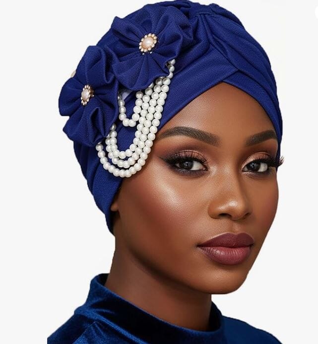 Women Pearls Beading Flower Head Wrap Turban Head wear Hat jehouze Royal Blue 