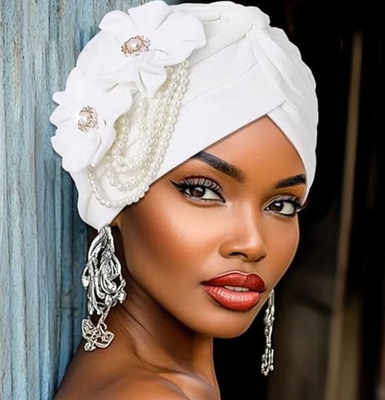 Women Pearls Beading Flower Head Wrap Turban Head wear Hat jehouze White 