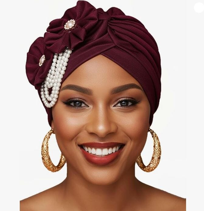 Women Pearls Beading Flower Head Wrap Turban Head wear Hat jehouze Wine Red 