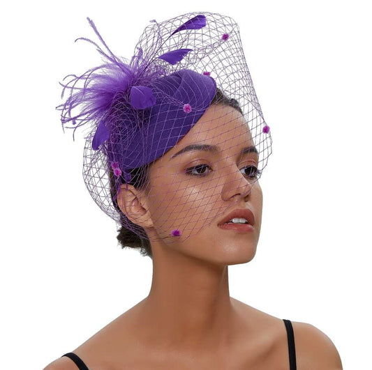 Women Pillbox Hat Polka Dot Feather Fascinators Tea Party Bridal Wedding Halloween Headband Hat jehouze Purple 