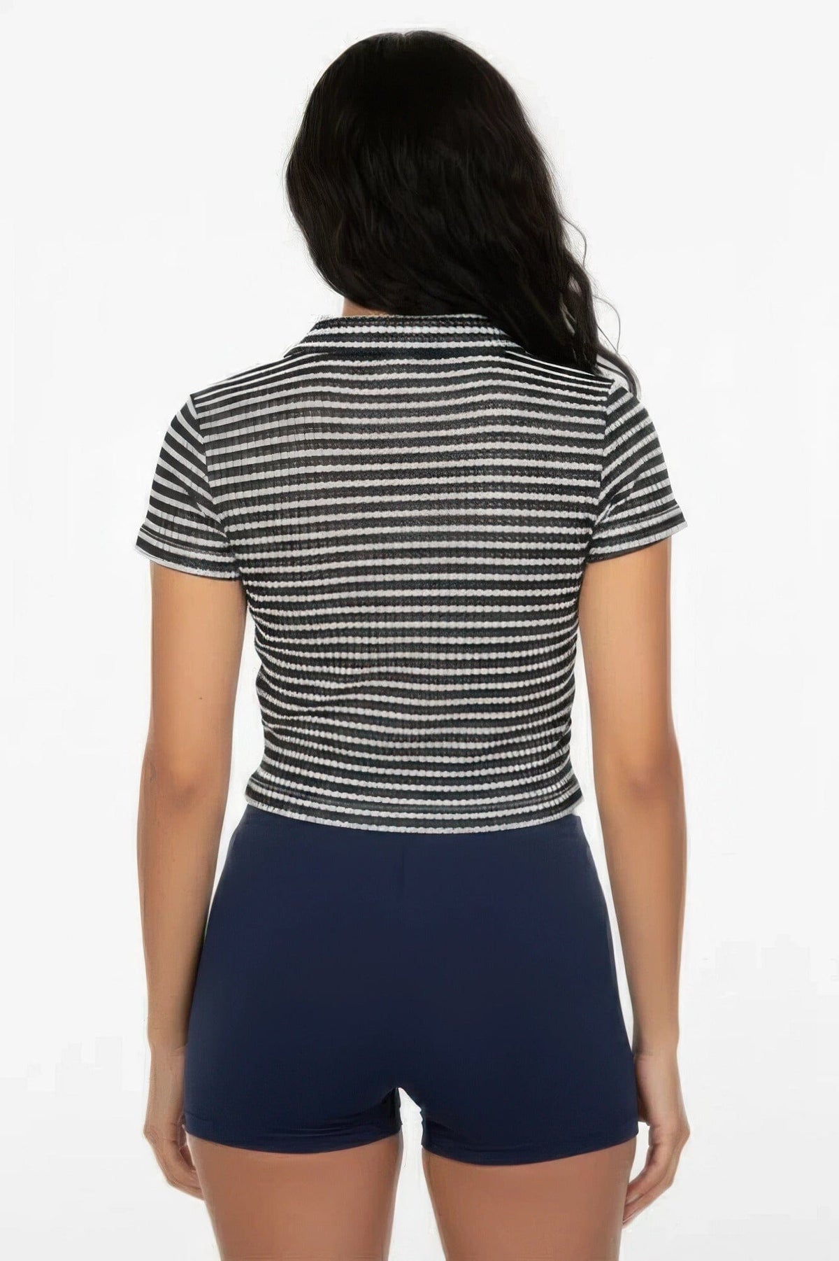 Women Pineapple Knit Striped Polo Crop Top Shirts & Tops jehouze 