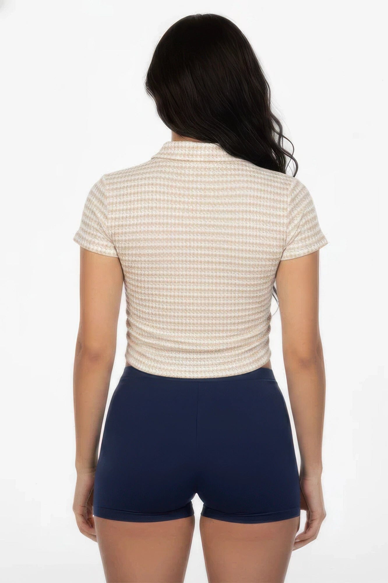 Women Pineapple Knit Striped Polo Crop Top Shirts & Tops jehouze 