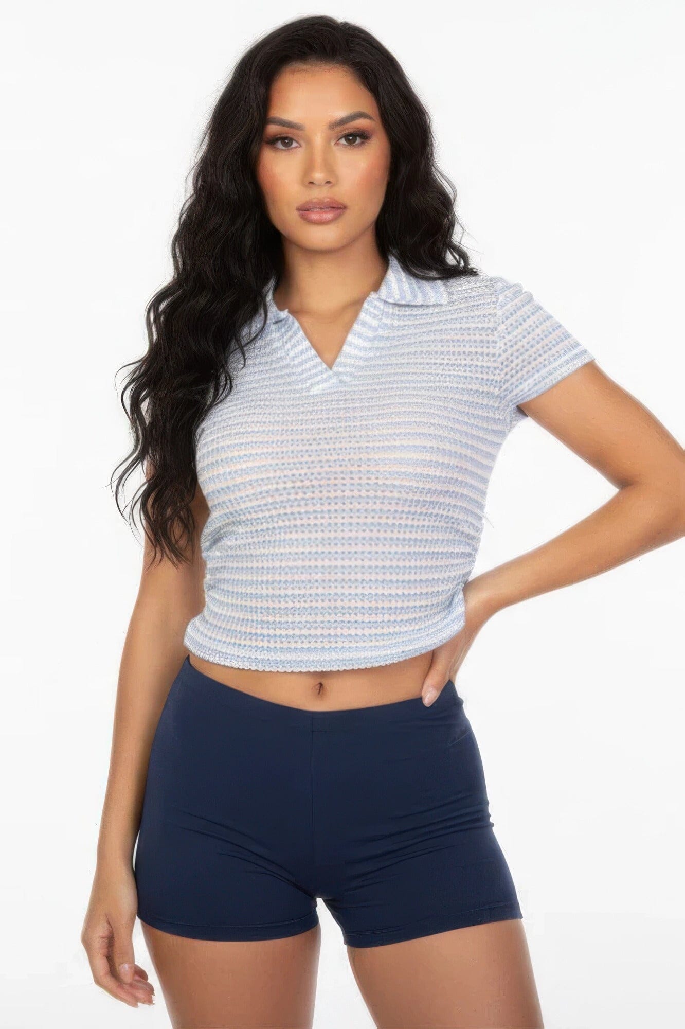 Women Pineapple Knit Striped Polo Crop Top Shirts & Tops jehouze Blue S 