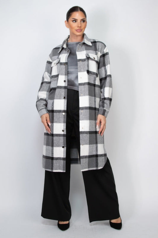 Women Plaid Buttoned Shacket Coat Outerwear jehouze Black S 