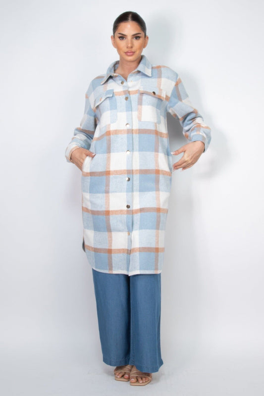 Women Plaid Buttoned Shacket Coat Outerwear jehouze Blue/Camel S 