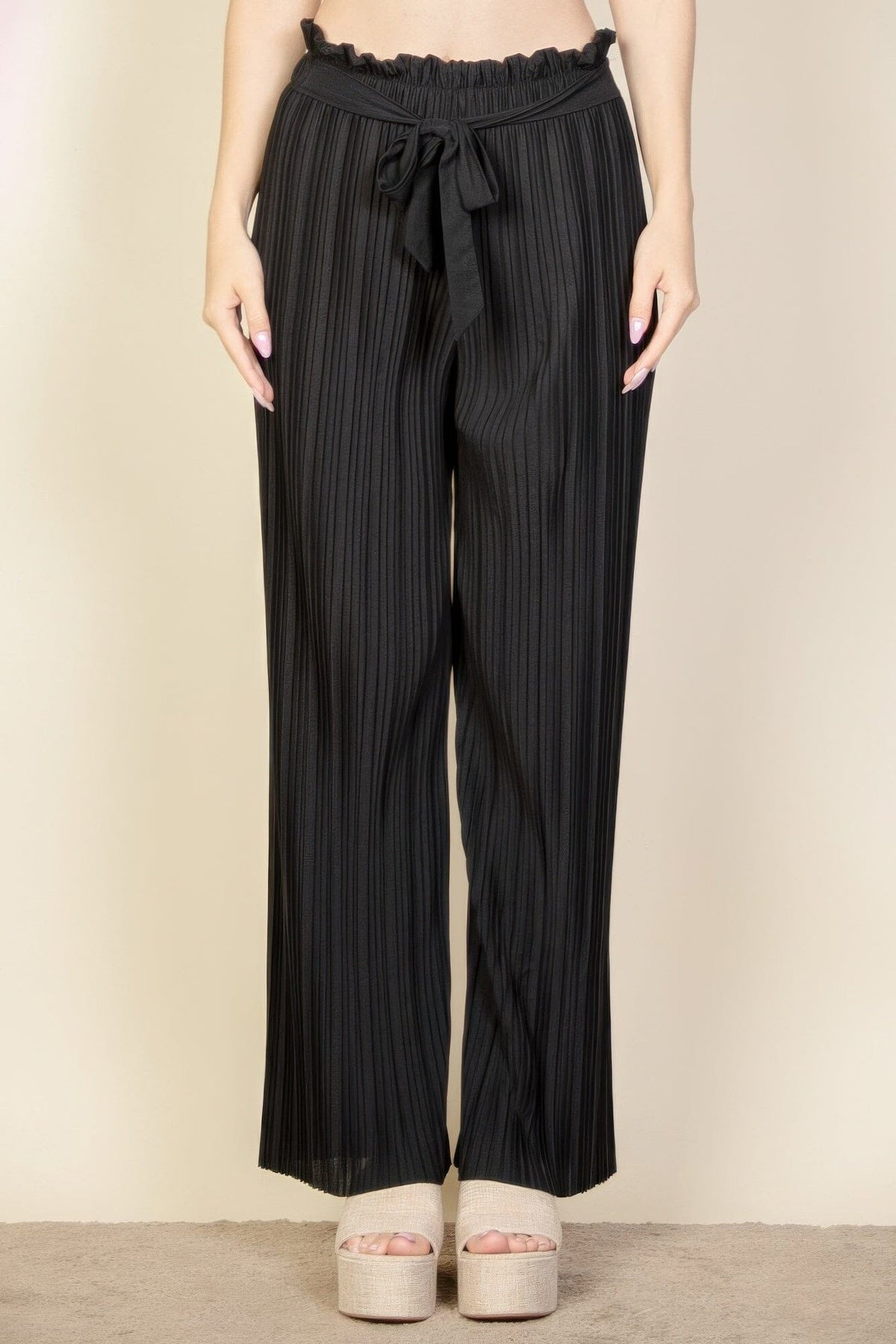 Women Pleated Stretch Crepe Pull-on Wide Leg Tie Front Pants Pants jehouze 