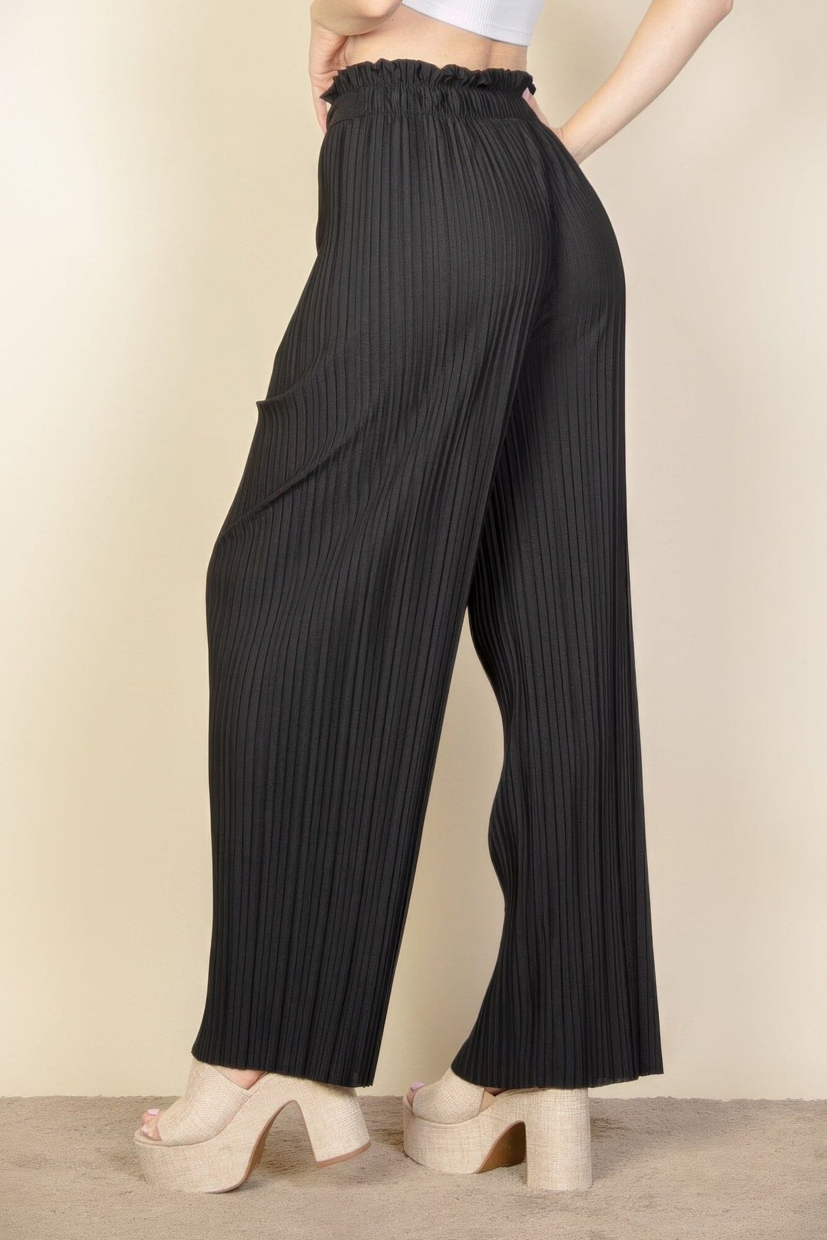 Women Pleated Stretch Crepe Pull-on Wide Leg Tie Front Pants Pants jehouze 