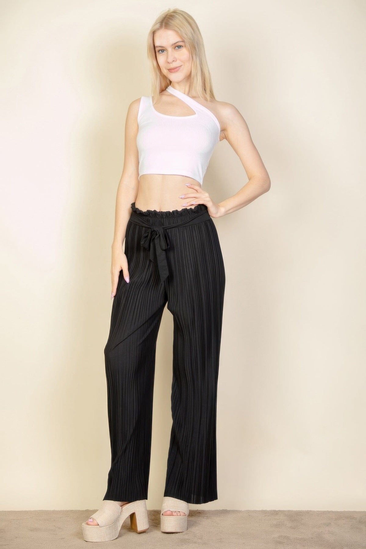 Women Pleated Stretch Crepe Pull-on Wide Leg Tie Front Pants Pants jehouze 