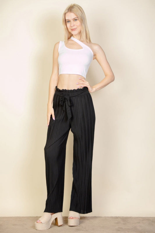 Women Pleated Stretch Crepe Pull-on Wide Leg Tie Front Pants Pants jehouze 