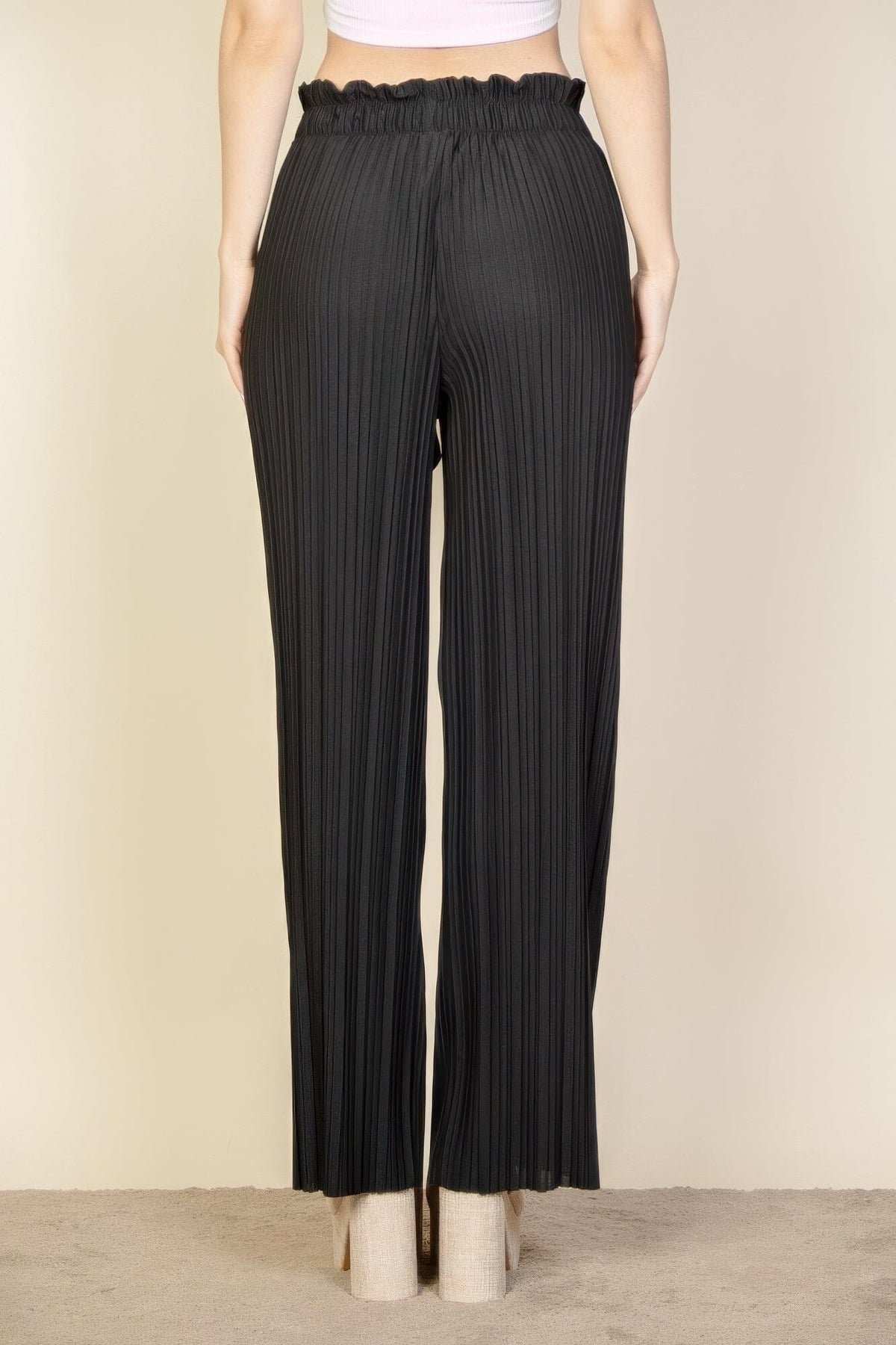 Women Pleated Stretch Crepe Pull-on Wide Leg Tie Front Pants Pants jehouze Black S 