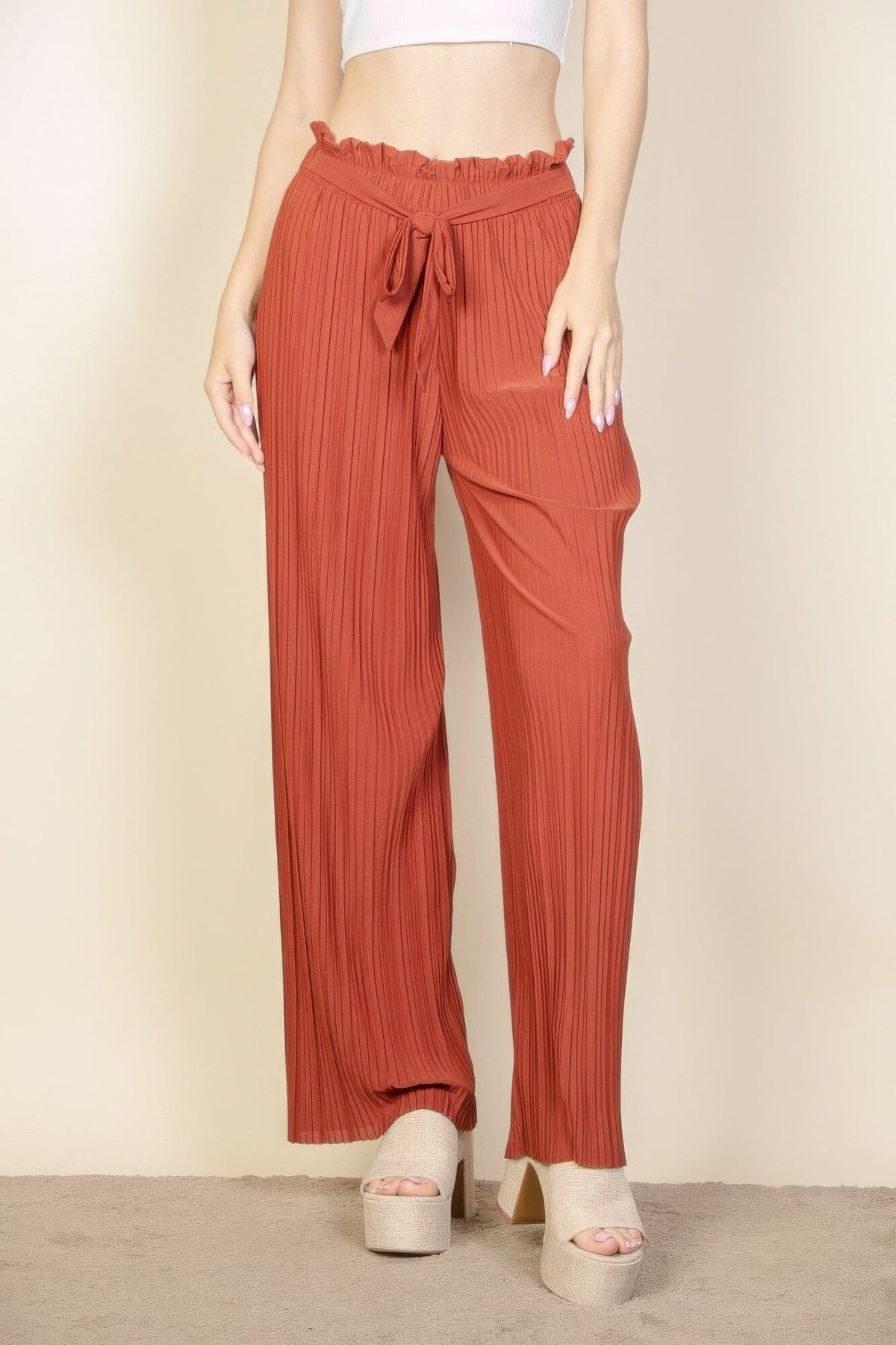 Women Pleated Stretch Crepe Pull-on Wide Leg Tie Front Pants Pants jehouze Rust S 