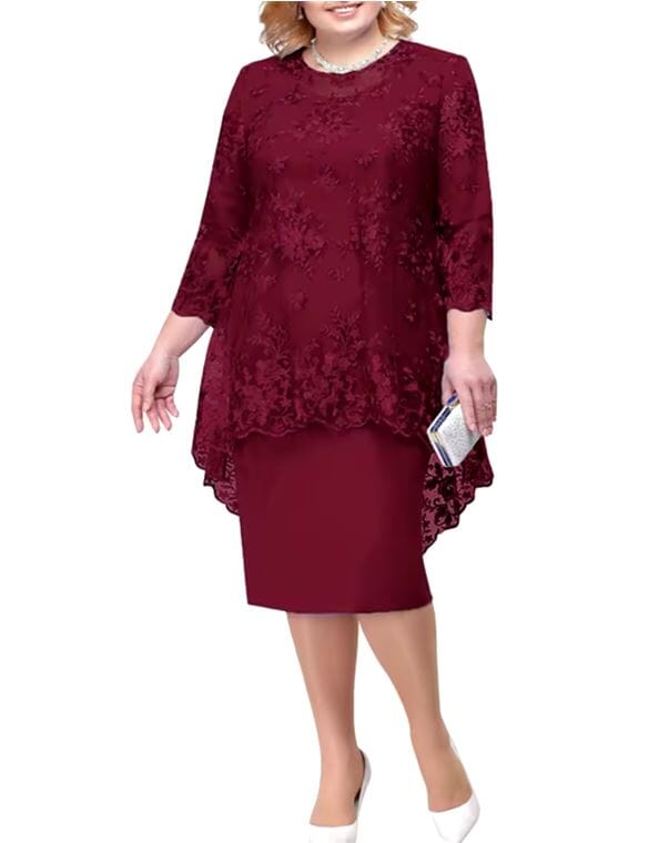 Women Plus Size 2 pcs Embroidery Floral Elegant Midi Dress Dresses jehouze Burgundy L 