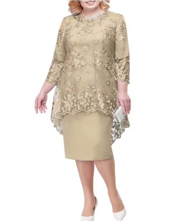 Women Plus Size 2 pcs Embroidery Floral Elegant Midi Dress Dresses jehouze Champagne L 