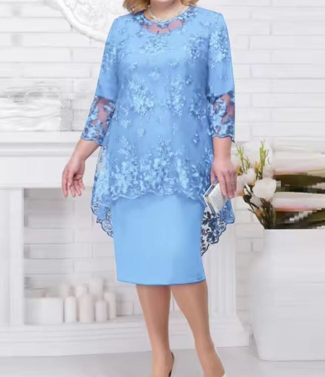 Women Plus Size 2 pcs Embroidery Floral Elegant Midi Dress Dresses jehouze Sky Blue L 