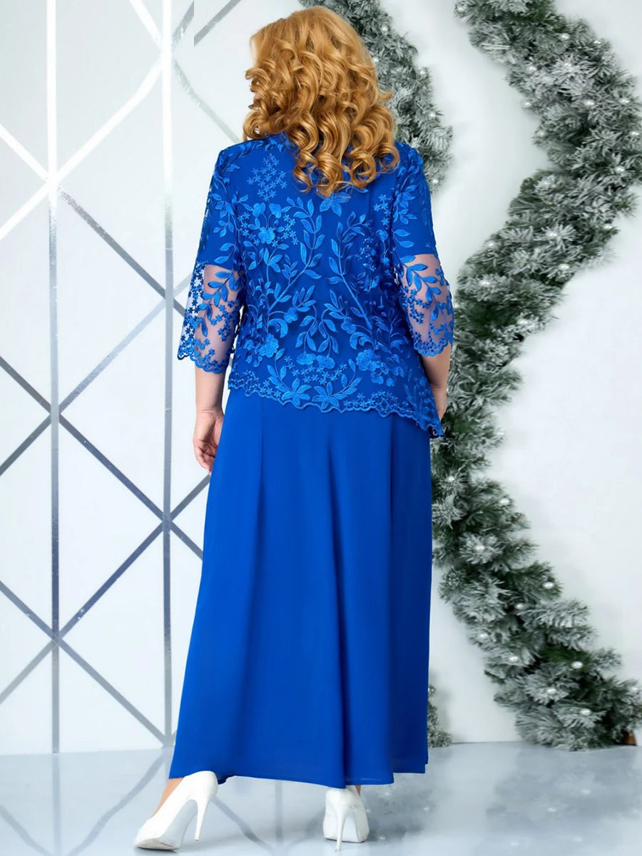 Women Plus Size 3/4 Sleeve Embroidery Floral Formal Wedding Party Long Dress Dresses jehouze 