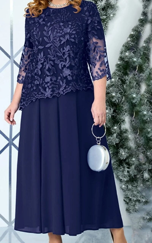 Women Plus Size 3/4 Sleeve Embroidery Floral Formal Wedding Party Long Dress Dresses jehouze L 