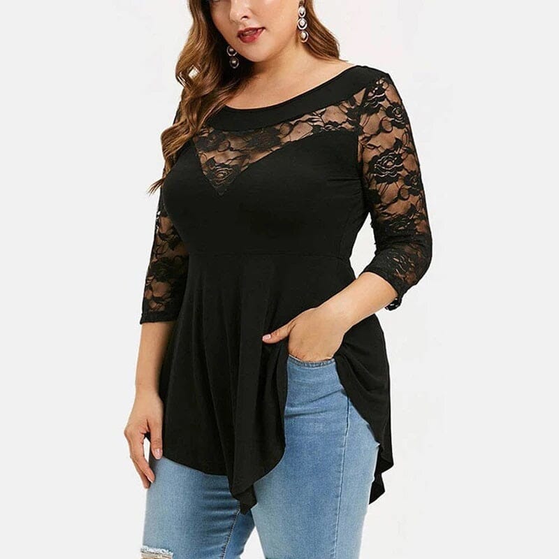 Women Plus Size 3/4 Sleeve Lace Stitching Floral Blouse Tops Shirts & Tops jehouze 