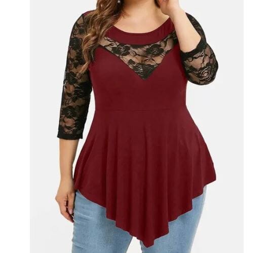 Women Plus Size 3/4 Sleeve Lace Stitching Floral Blouse Tops Shirts & Tops jehouze Burgundy XL 