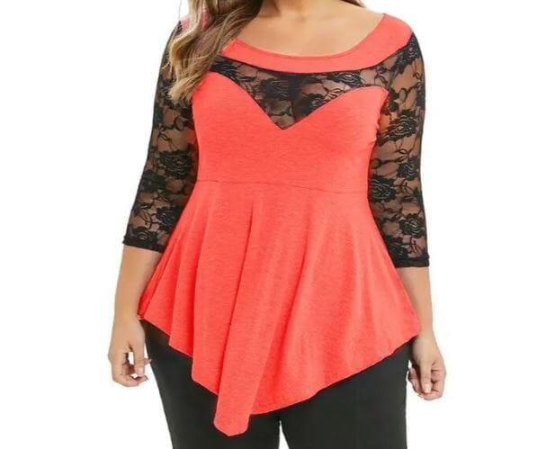 Women Plus Size 3/4 Sleeve Lace Stitching Floral Blouse Tops Shirts & Tops jehouze Coral Red XL 