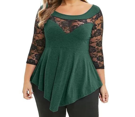 Women Plus Size 3/4 Sleeve Lace Stitching Floral Blouse Tops Shirts & Tops jehouze Green XL 