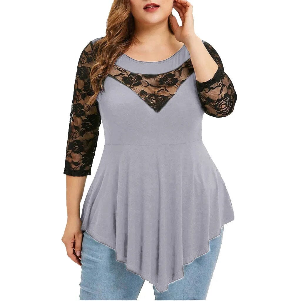 Women Plus Size 3/4 Sleeve Lace Stitching Floral Blouse Tops Shirts & Tops jehouze Grey XL 