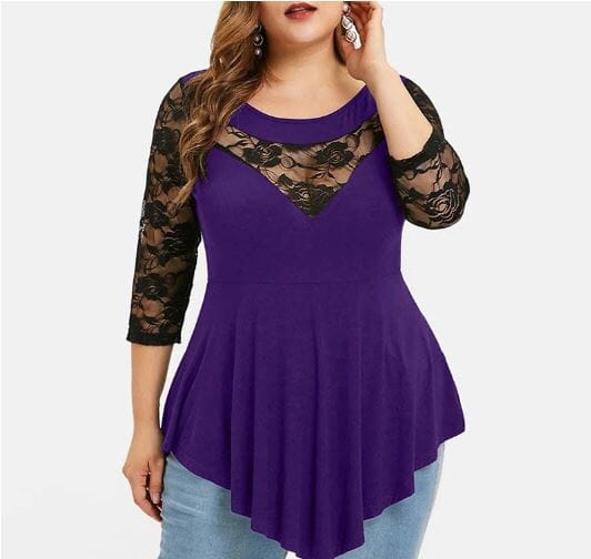 Women Plus Size 3/4 Sleeve Lace Stitching Floral Blouse Tops Shirts & Tops jehouze Purple XL 