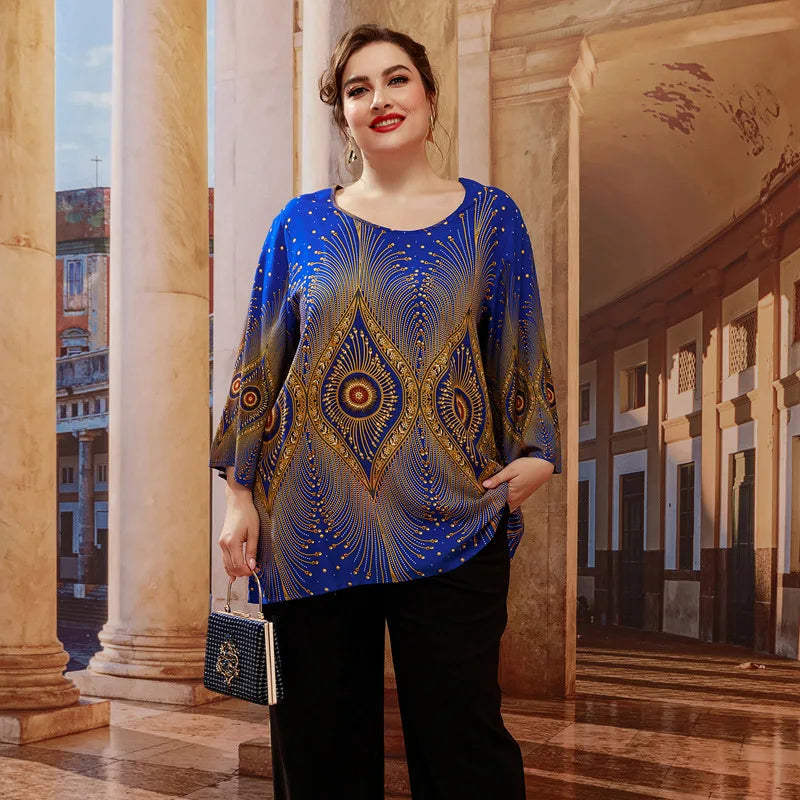 Women Plus Size 3/4 Sleeve Loose Fit Tops Shirts & Tops jehouze Blue L 