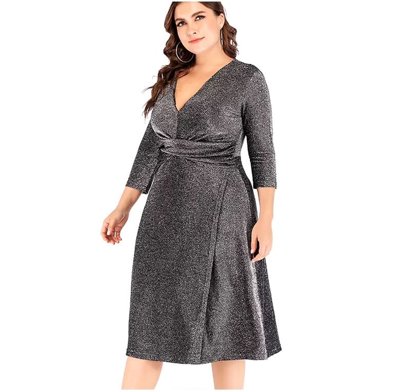 Women Plus Size 3/4 sleeve V Neck Midi Dress Dresses jehouze 