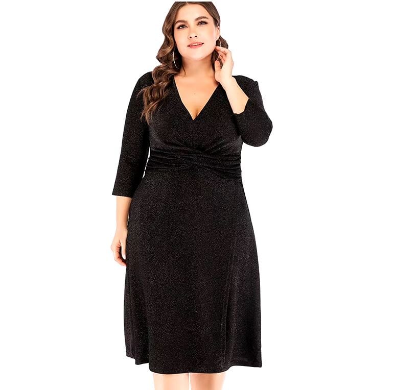 Women Plus Size 3/4 sleeve V Neck Midi Dress Dresses jehouze Black XL 