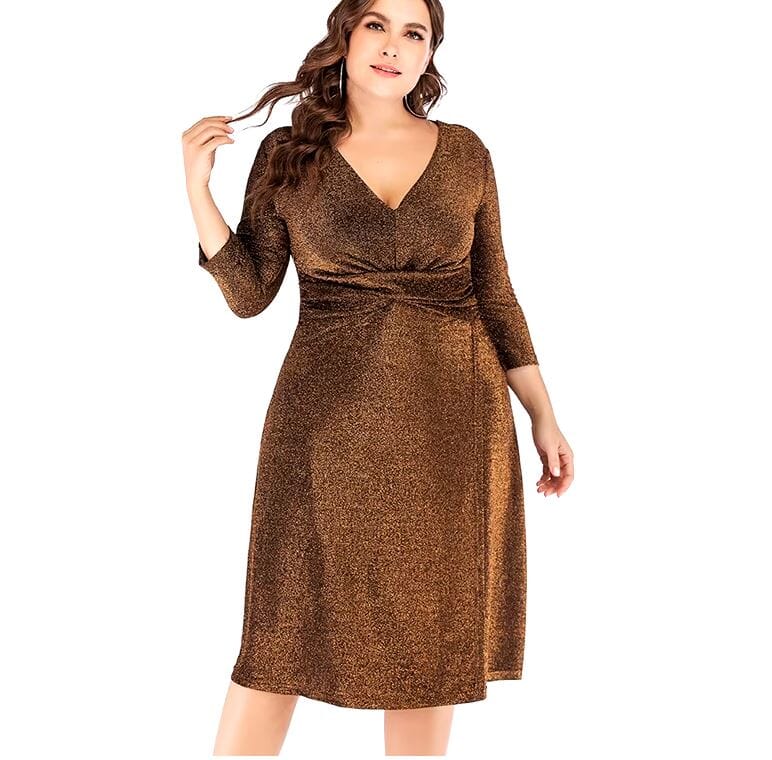 Women Plus Size 3/4 sleeve V Neck Midi Dress Dresses jehouze Gold XL 