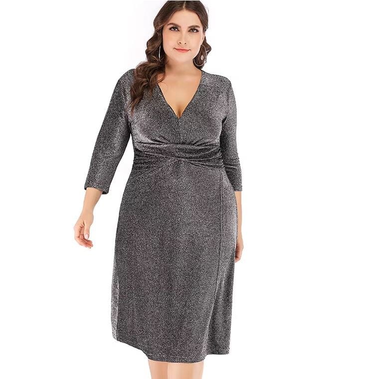 Women Plus Size 3/4 sleeve V Neck Midi Dress Dresses jehouze Gray XL 