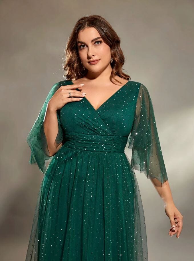 Women Plus Size 3/4 Sleeves Wrap Mesh Evening Gown Maxi Dress Dresses jehouze 