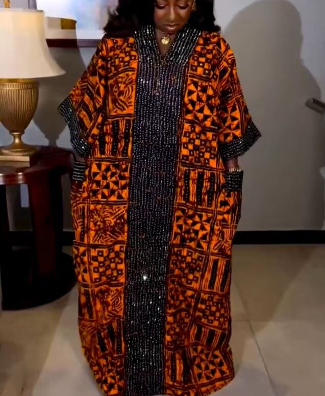 Women Plus Size African Print Rhinestone Kraftan Casual Boubou Dress Dresses jehouze Orange 