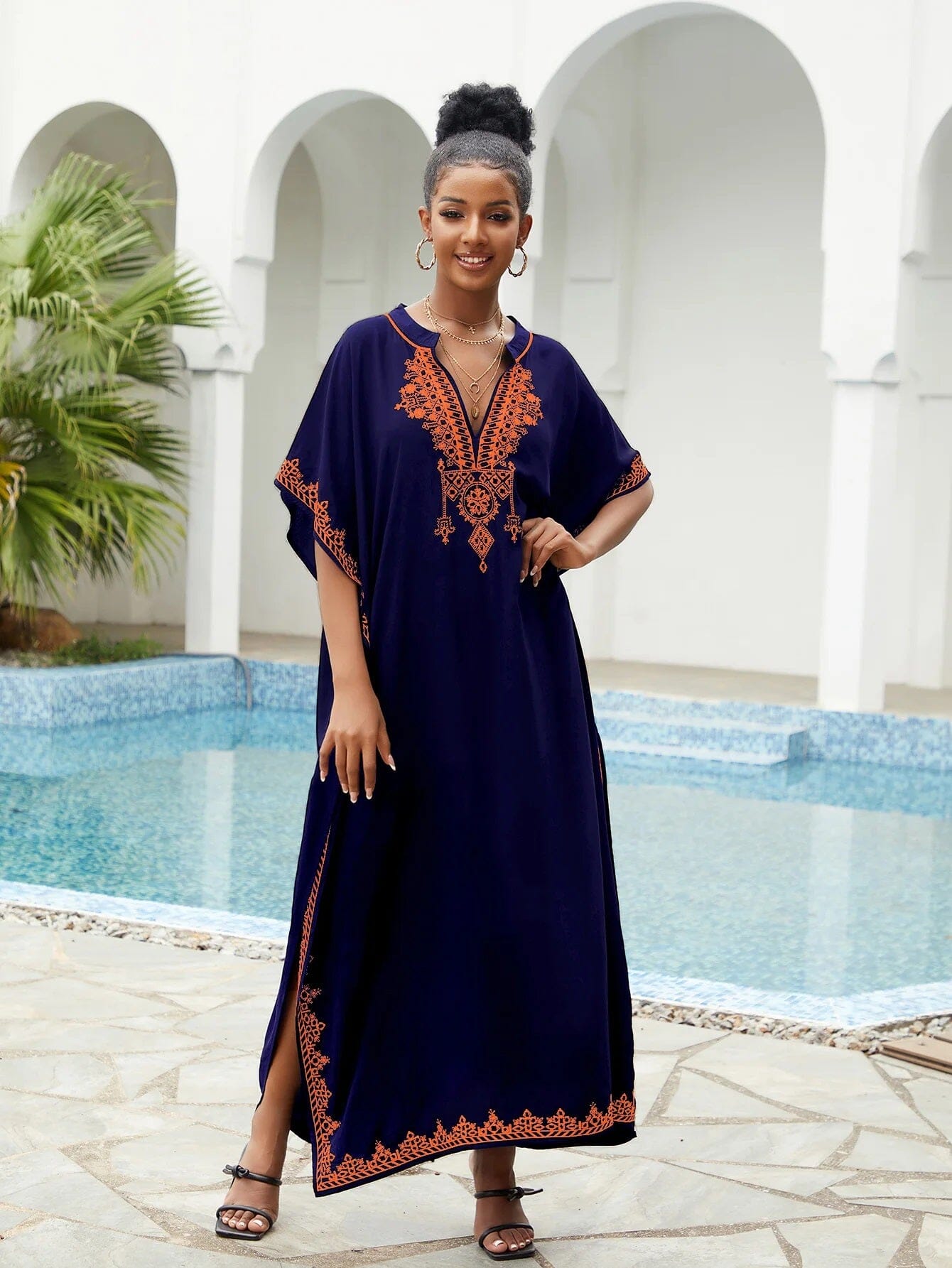 Women Plus Size Bohemian Embroidery V Neck Swimwear Cover Up Kraftan Dress Dresses jehouze Q1545-4 