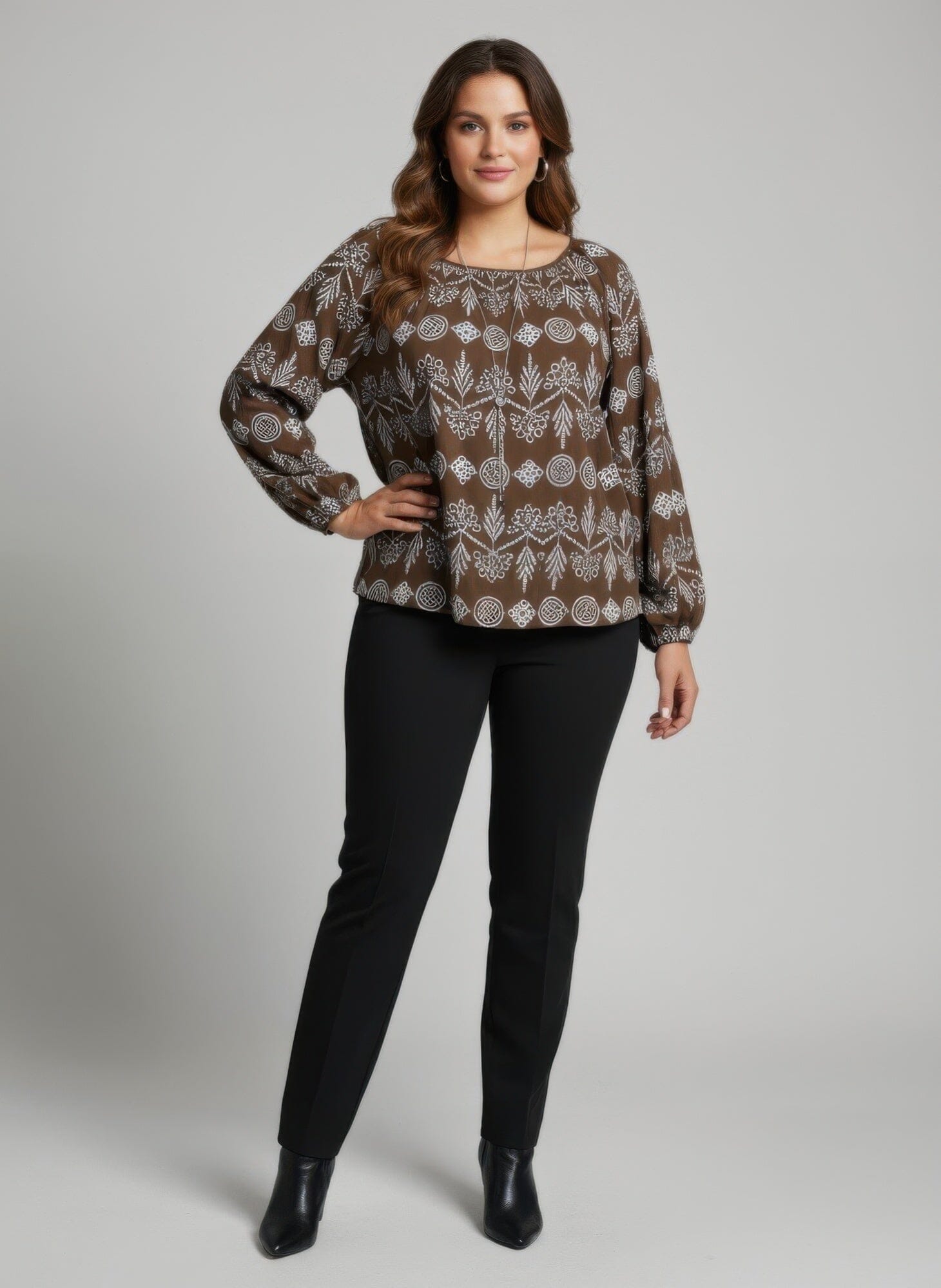 Women Plus Size Boho Floral Print Long Sleeve Blouse Shirts & Tops jehouze Khaki XL 