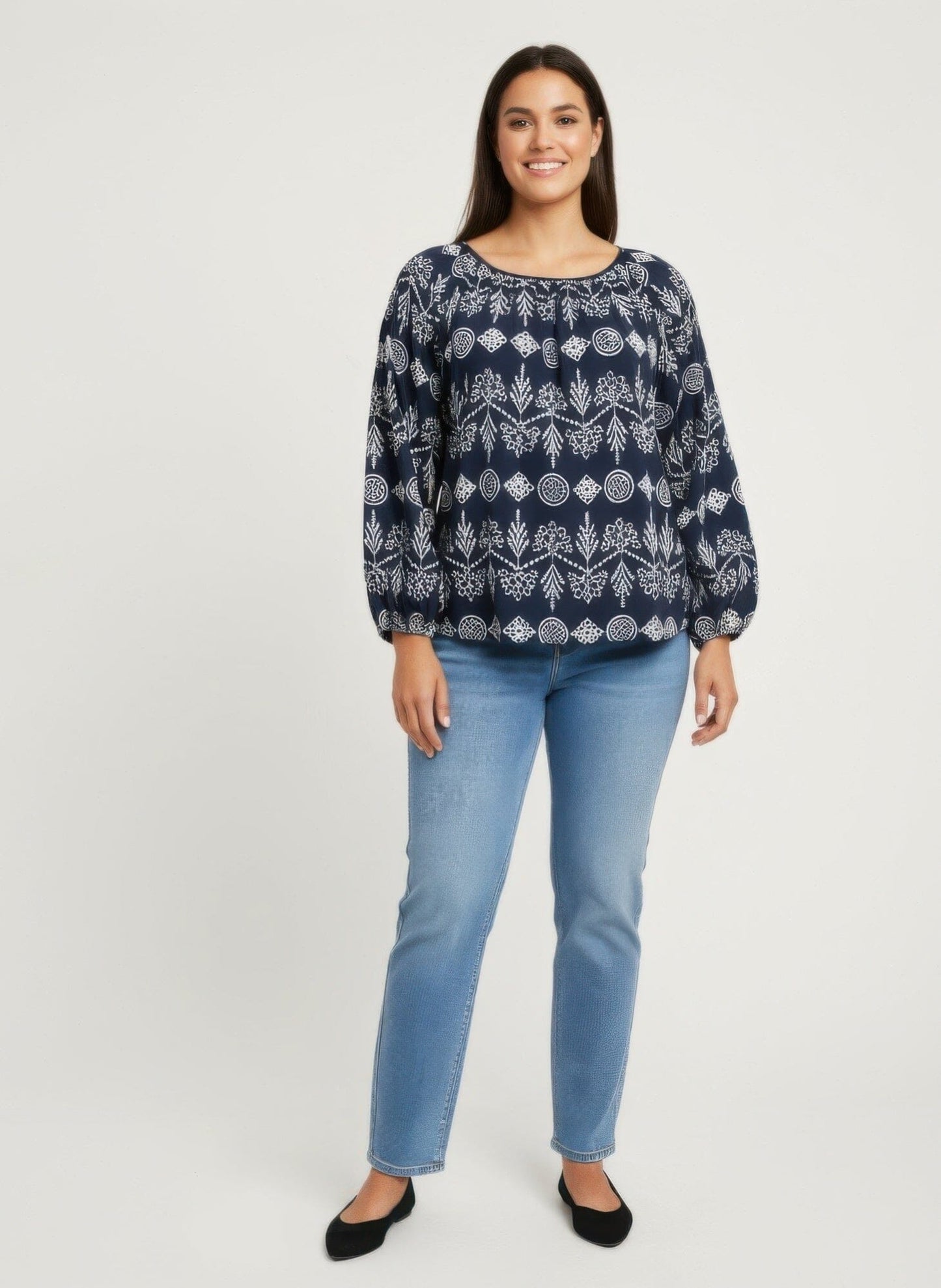 Women Plus Size Boho Floral Print Long Sleeve Blouse Shirts & Tops jehouze Navy blue XL 