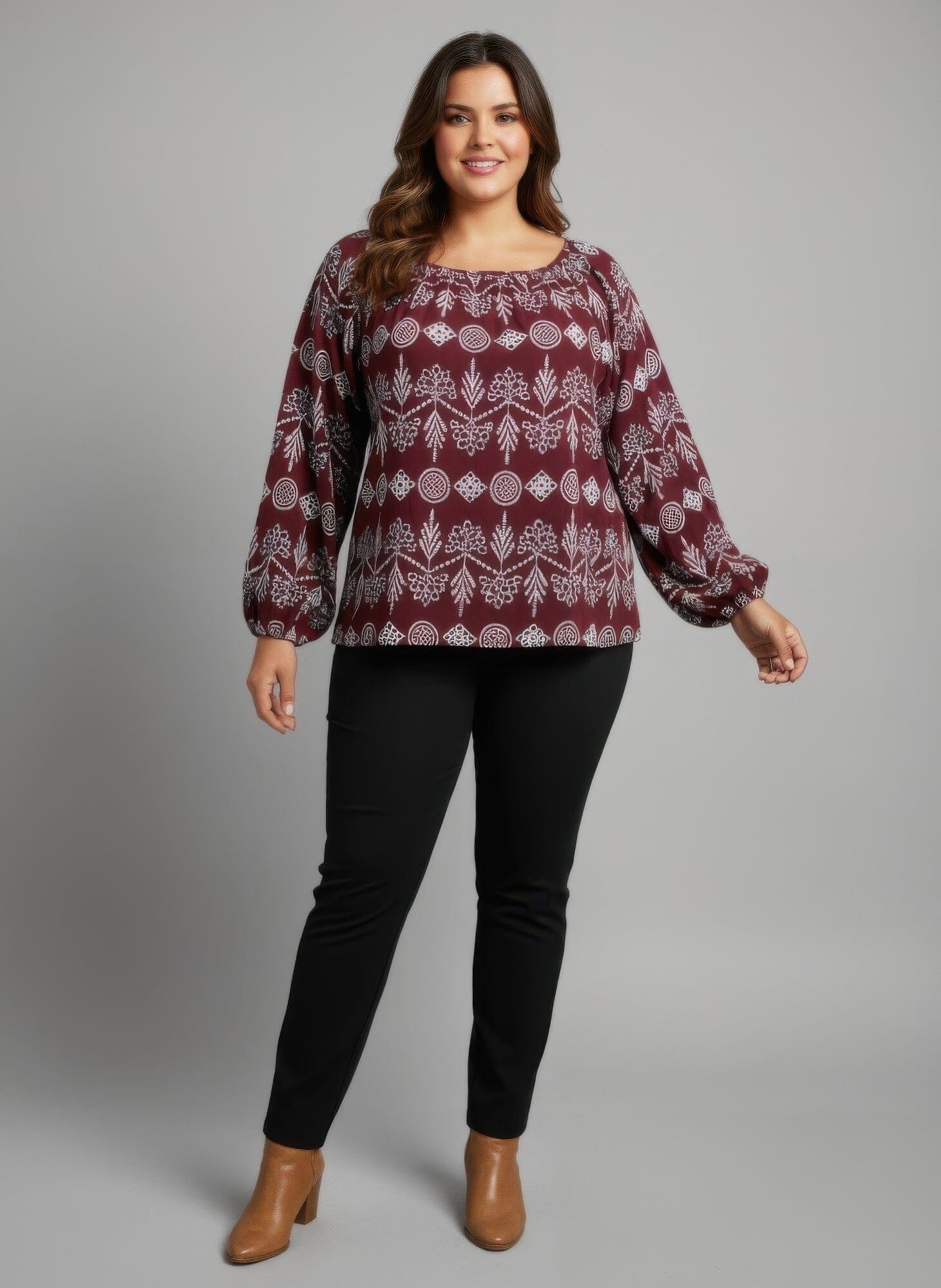 Women Plus Size Boho Floral Print Long Sleeve Blouse Shirts & Tops jehouze Wine XL 