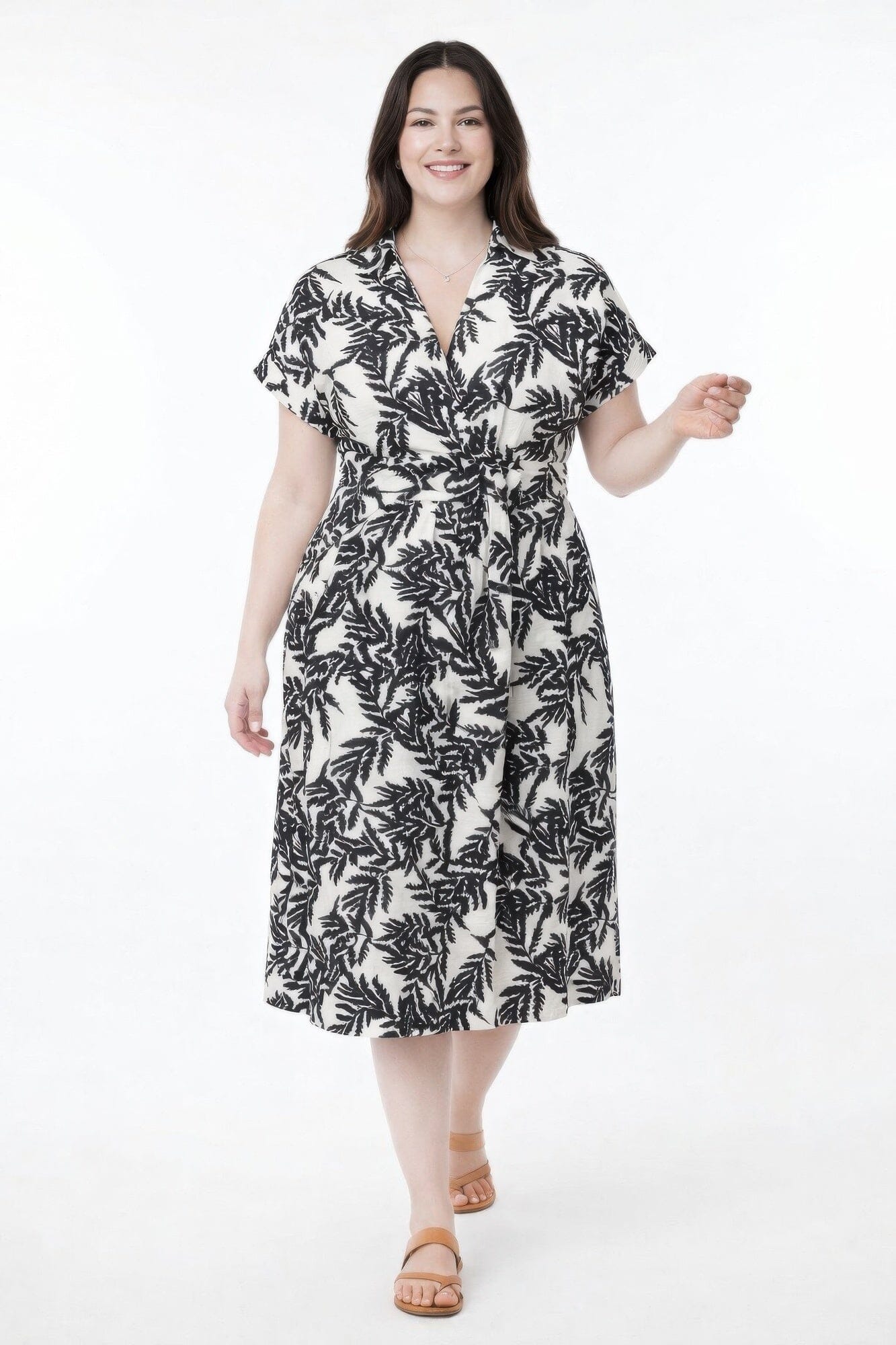 Women Plus Size Botanical Print Collared Wrap Waist Midi Dress Dresses jehouze Black XL 