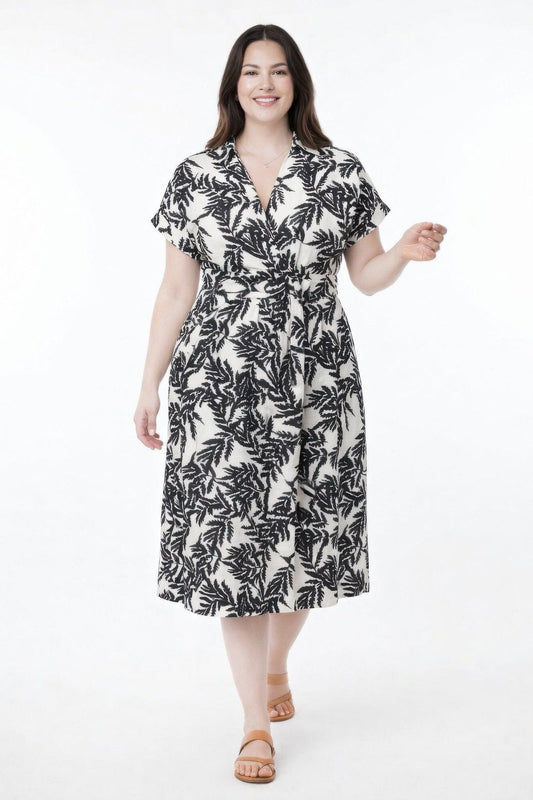 Women Plus Size Botanical Print Collared Wrap Waist Midi Dress Dresses jehouze Black XL 