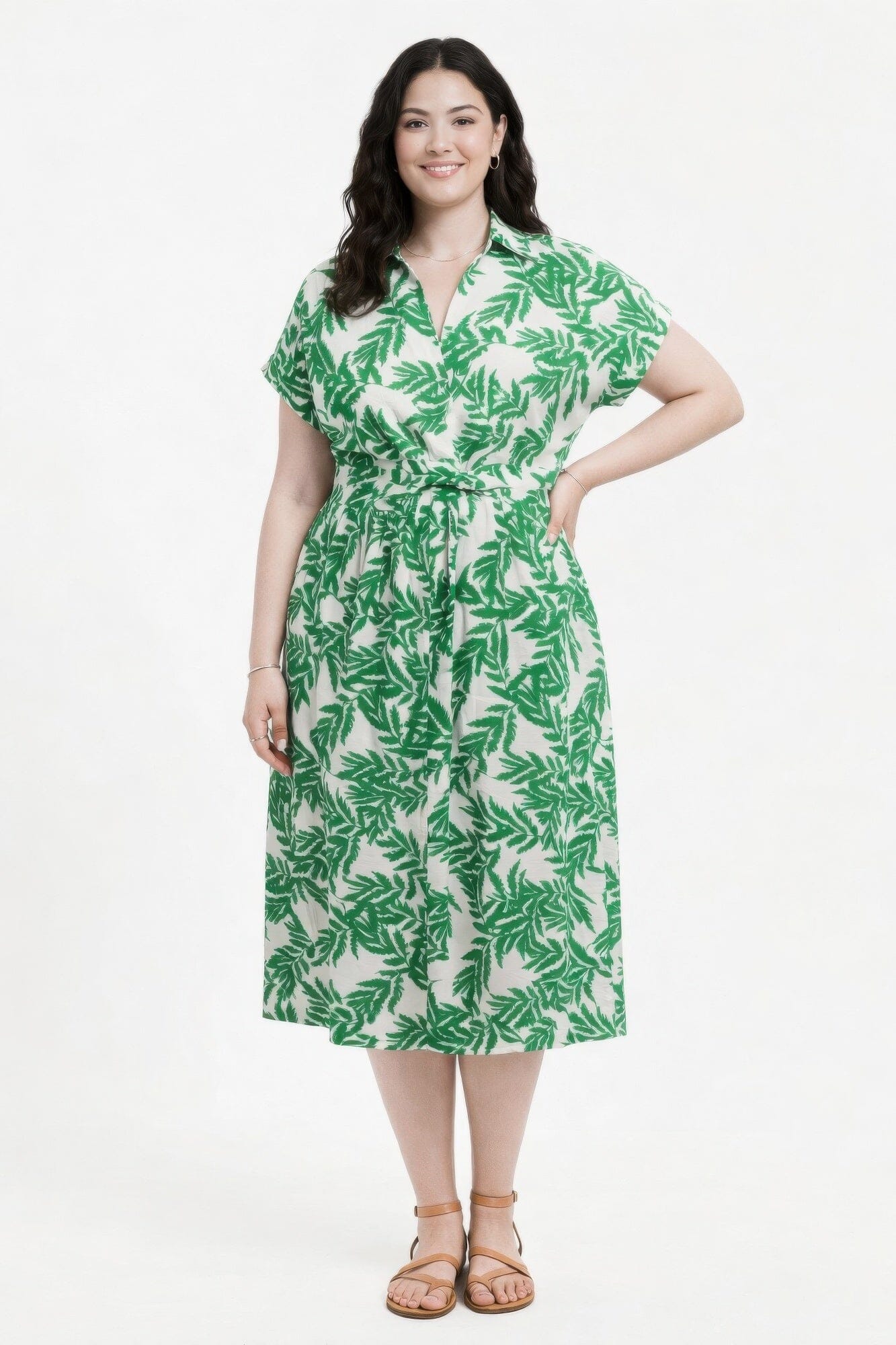 Women Plus Size Botanical Print Collared Wrap Waist Midi Dress Dresses jehouze Green XL 