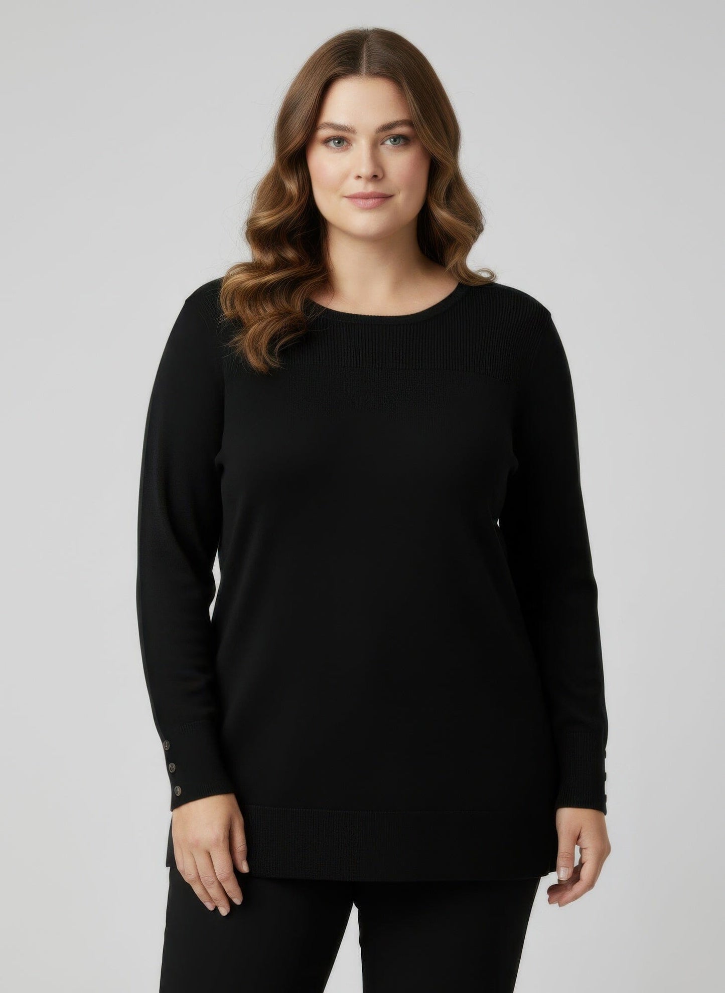 Women Plus Size Button Cuff Ribbed Knit Tunic Top Shirts & Tops jehouze Black L 